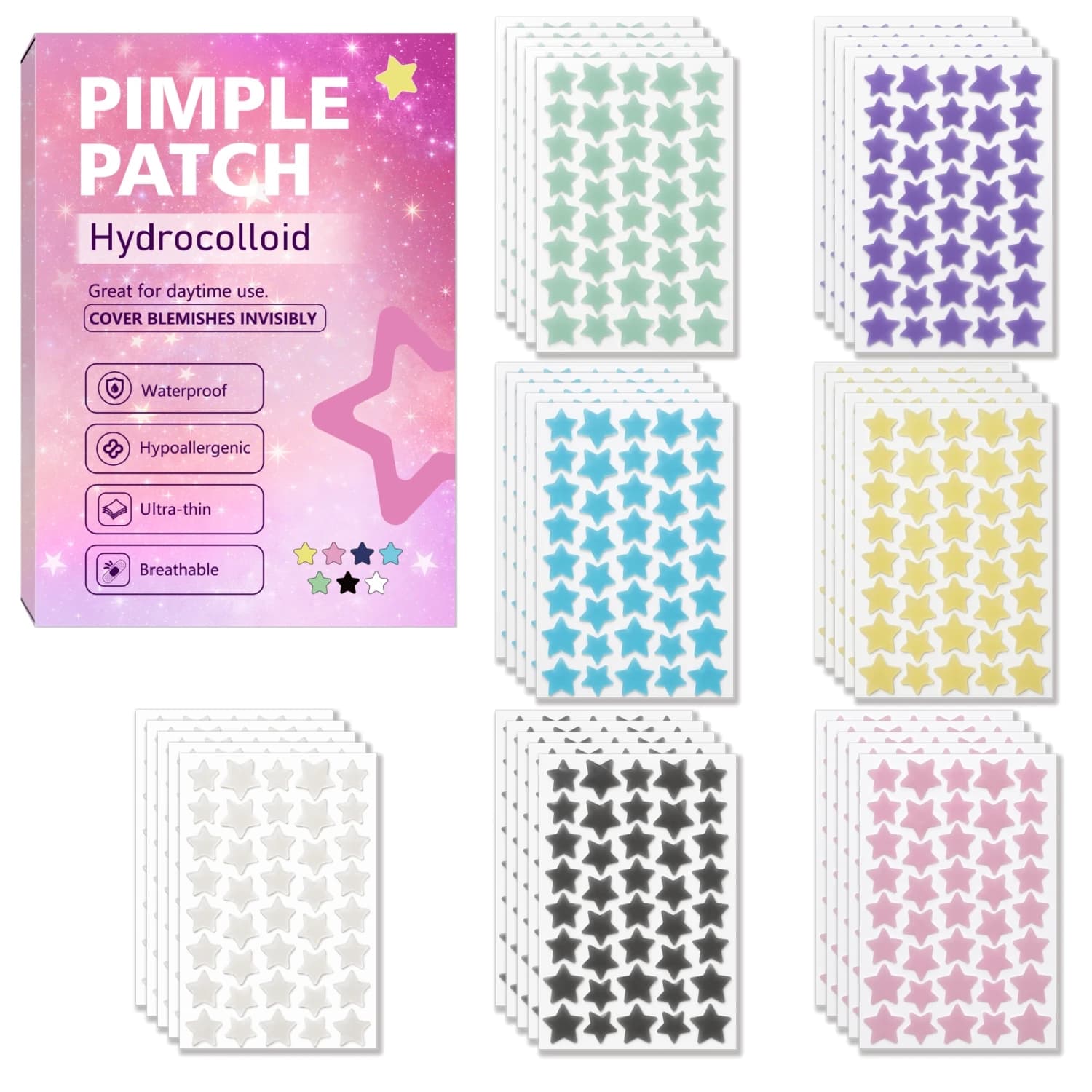 280/560/840/1400PCS Hydrocolloid Star Pimple Patches, 7 Colors, Ultra-Thin Waterproof Face Stickers for Day & Night Use