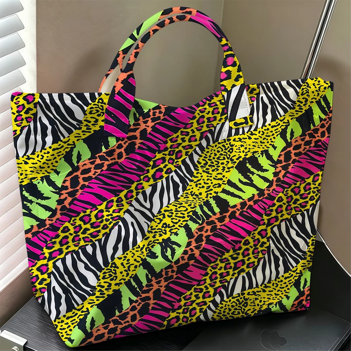 Wild Animal Mix Hot Sale Large Glossy PVC Tote Bag Hand Washable Waterproof Great for Travel Commute Makeup Storage Handbags