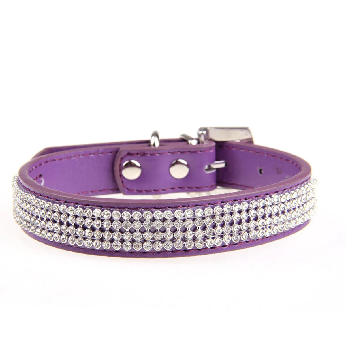 Purple Rhinestone Pet Collar for Dogs Cats Puppies Adjustable PU Safety Collar with Sparkling Crystals Alloy Buckle D-Ring