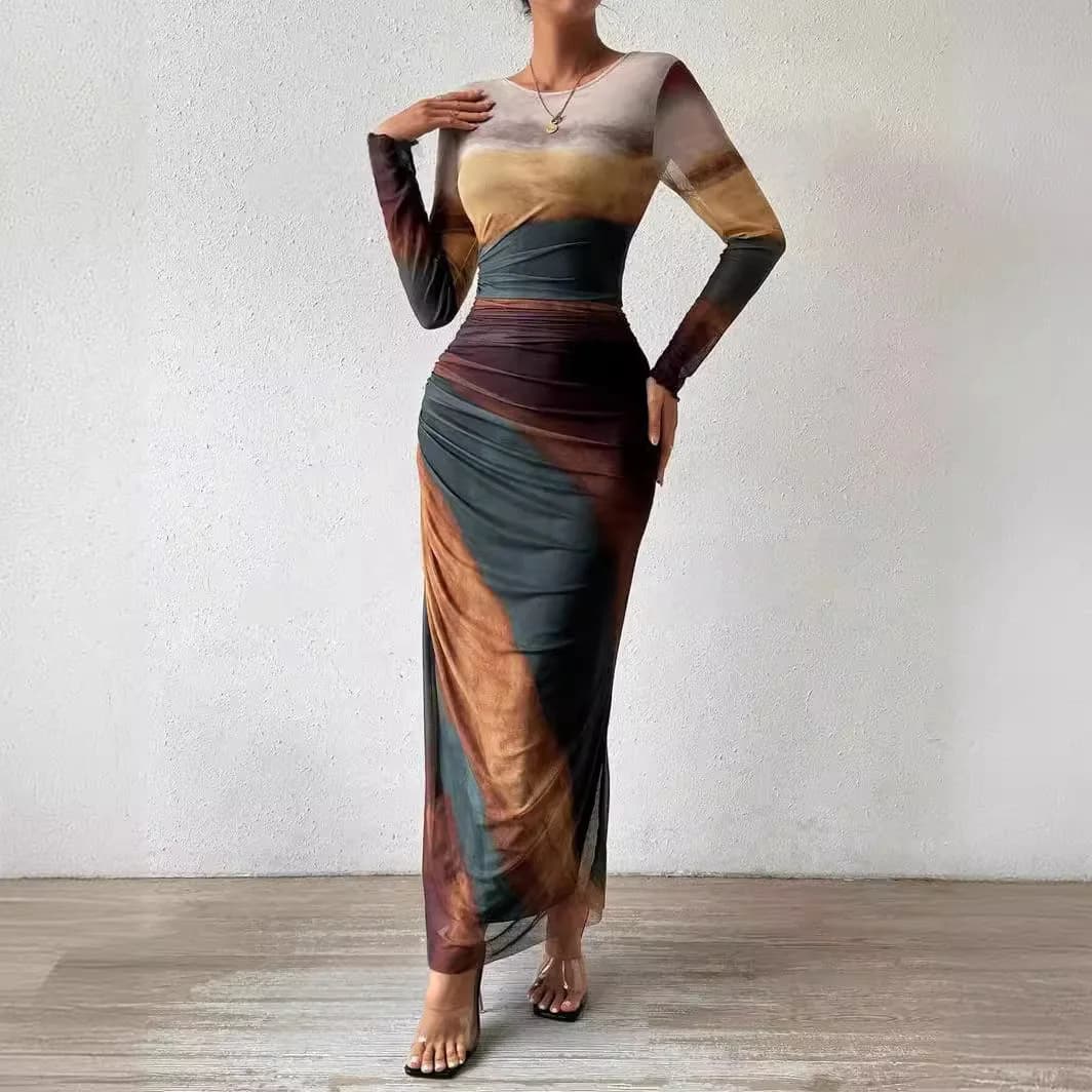 European American Style Contrasting Color Rendering Dress High-end Ruffled Sexy Tight Round Neck Dress