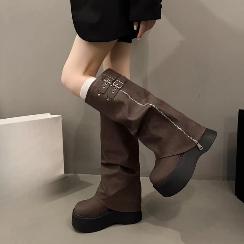 Stivali alti Moda Punta tonda Pelle scamosciata con fibbia in metallo Piattaforma antiscivolo Scarpe con tacco largo resistenti all'usura