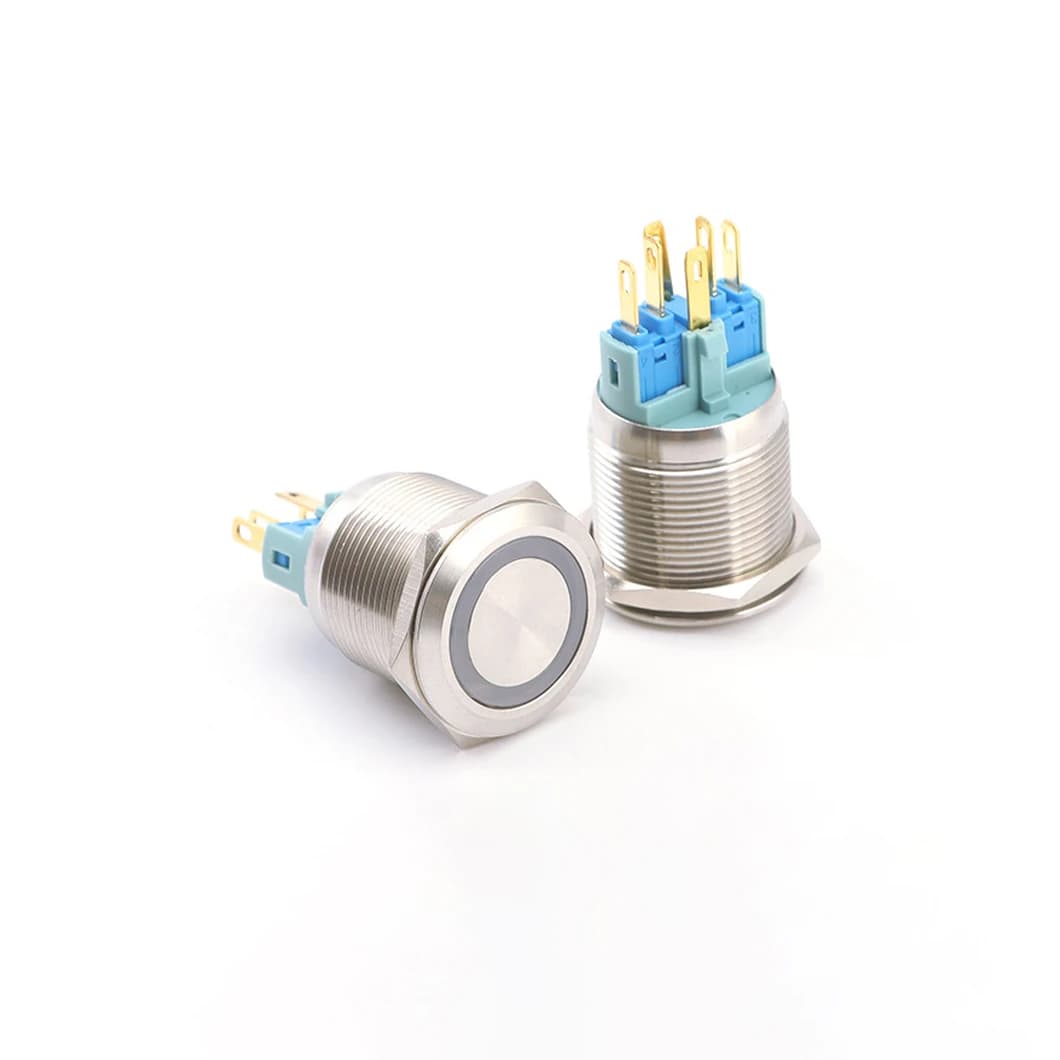 22S 22MM Testa piatta 1NO1NC Interruttore a pulsante in metallo Anello luminoso a LED Pulsante momentaneo/a scatto con terminale a 6 pin