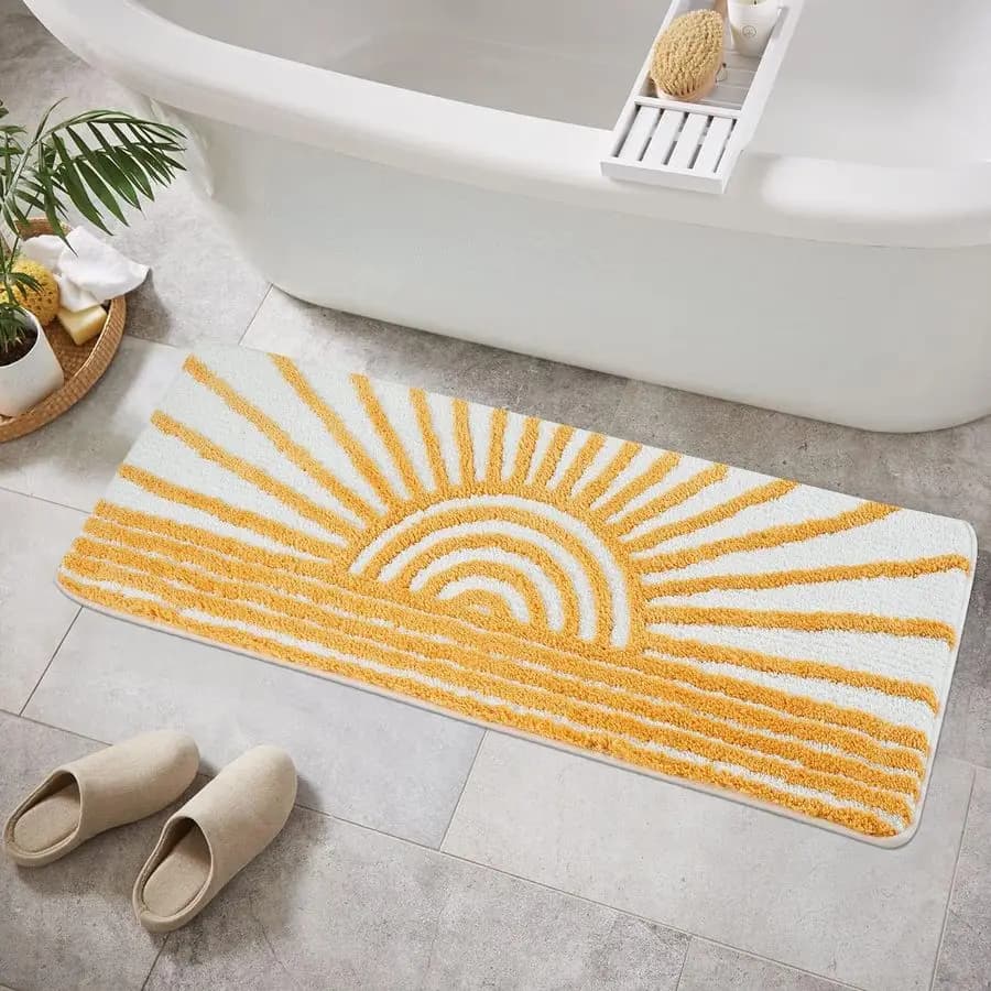 Boho Runner da bagno Giallo e bianco Sole Tappeti da bagno lunghi Tappetino da bagno in microfibra assorbente per acqua antiscivolo Minimalismo moderno Mach