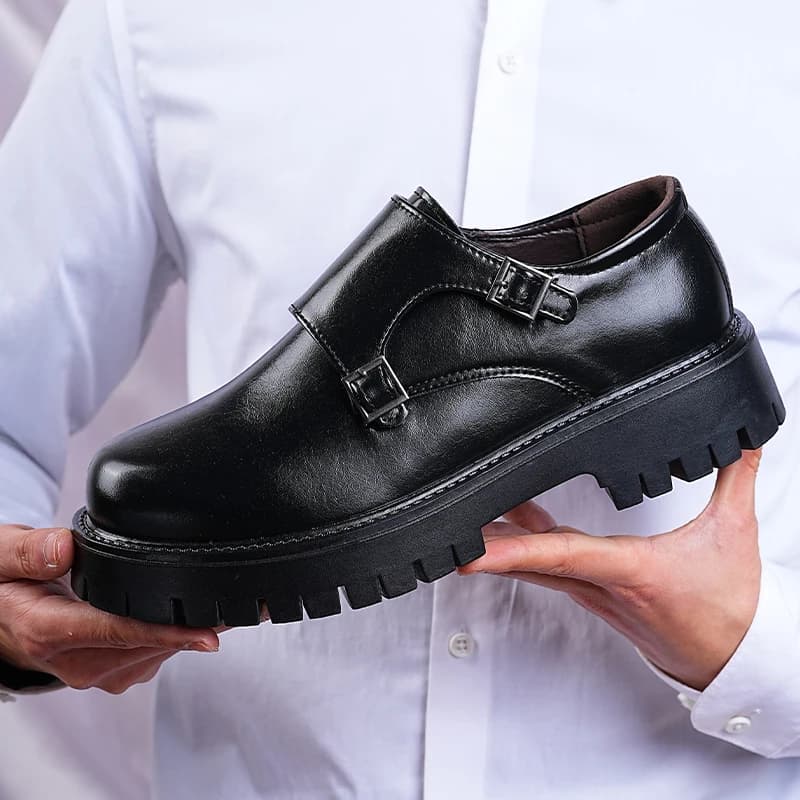 Men's Korean Style Thick Sole Monk Shoes Fashion Double Buckle Elevator Slip-On Leather Loafers