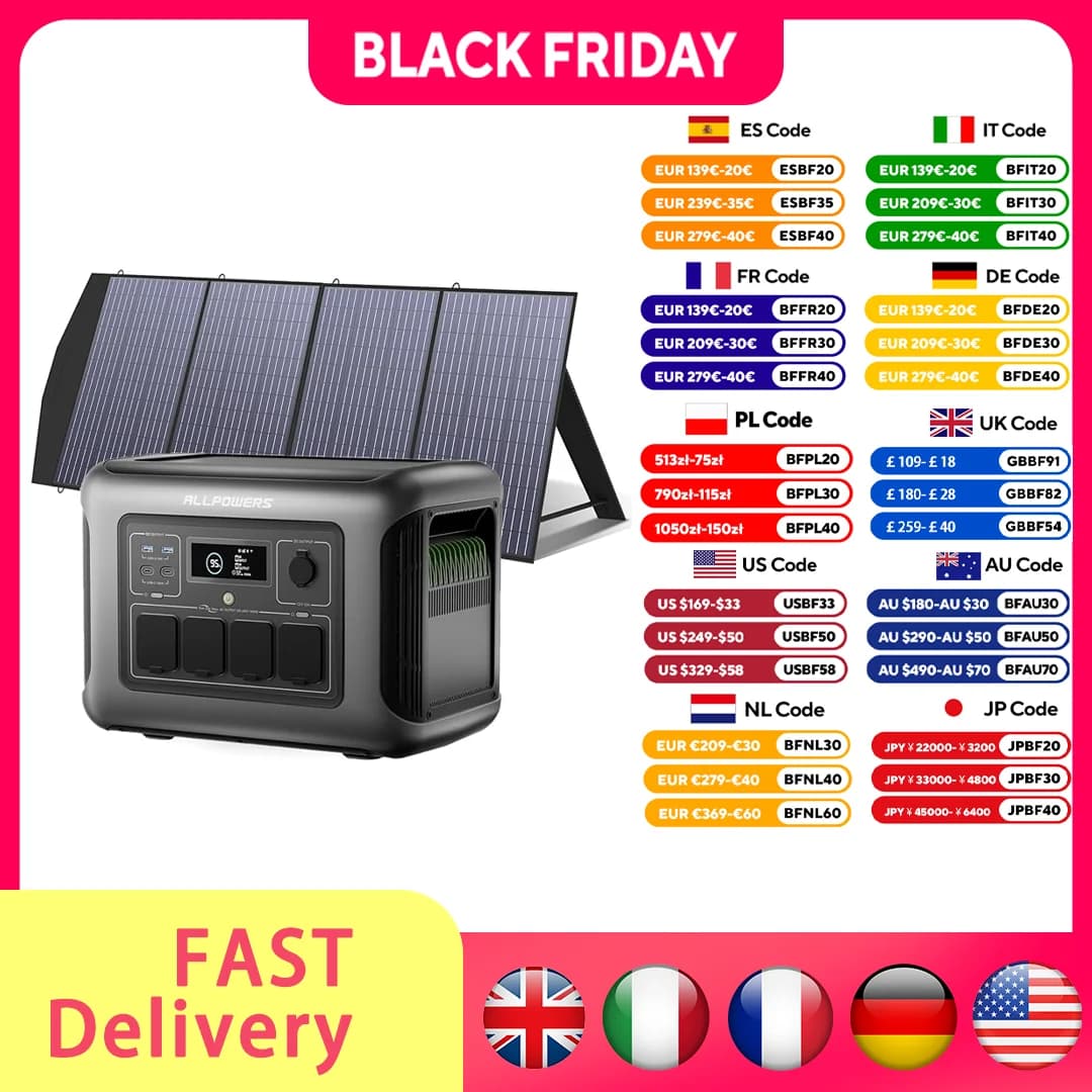 ALLPOWERS R1500 LITE Centrale elettrica portatile Generatore solare 1056Wh e pannello solare 2×100W / 140W / 200W / 400W / 600W per il campeggio