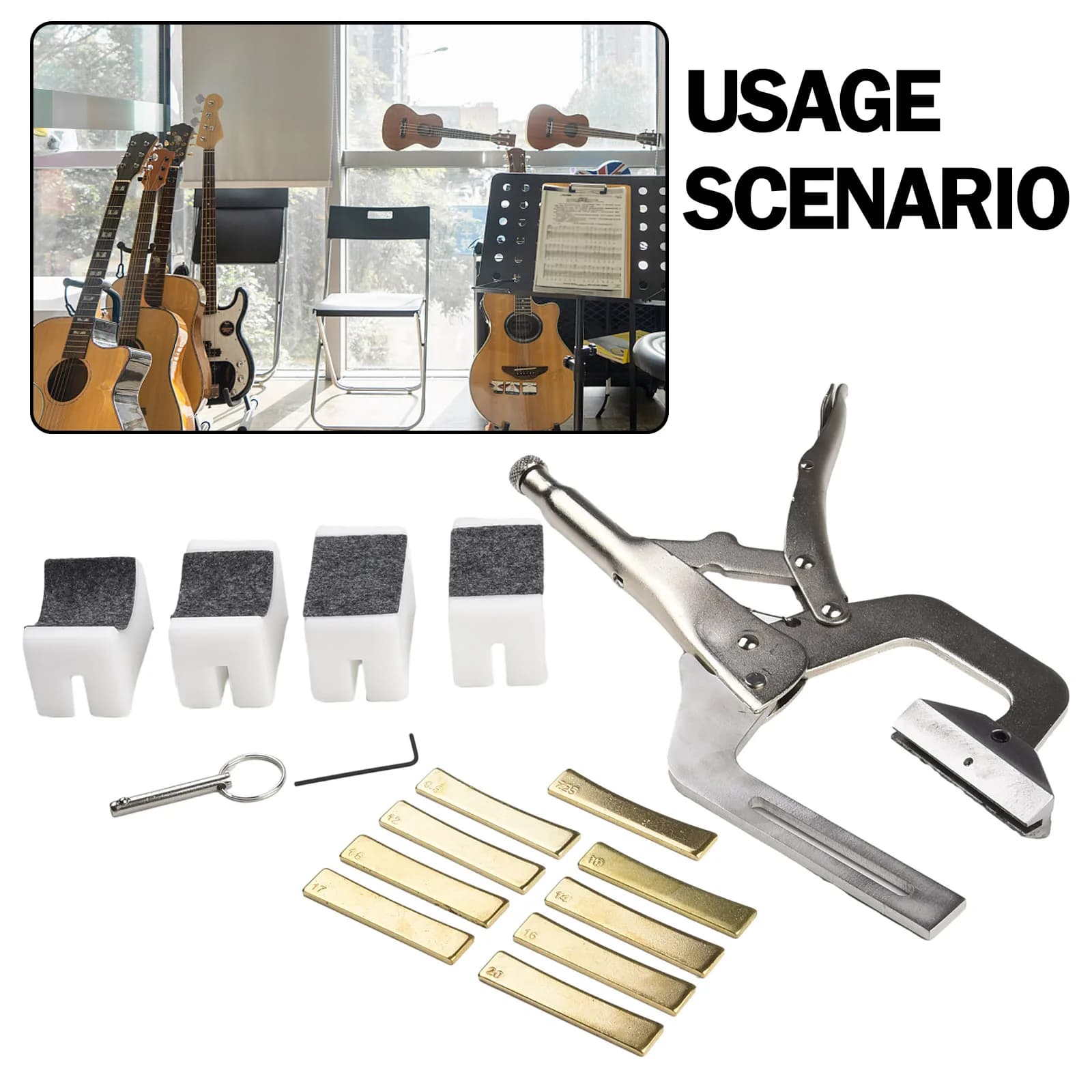 Strumento per inserto pressa per tasti portatile con tastiera con 9 inserti per raggio Supporto per manico con leva di rilascio per liutaio per chitarra per ukulele