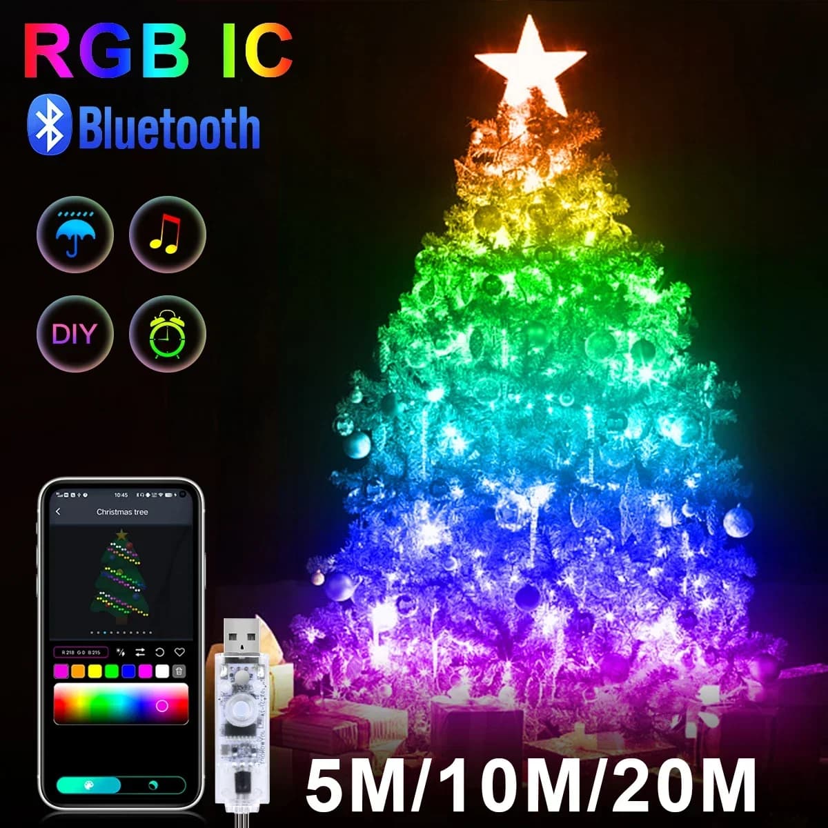 20M RGBIC USB 5V LED Sting Light Bluetooth Musica APP WS2812 Programmabile FAI DA TE Fata Luci Festa di Compleanno Ghirlanda Decorazioni Di Natale