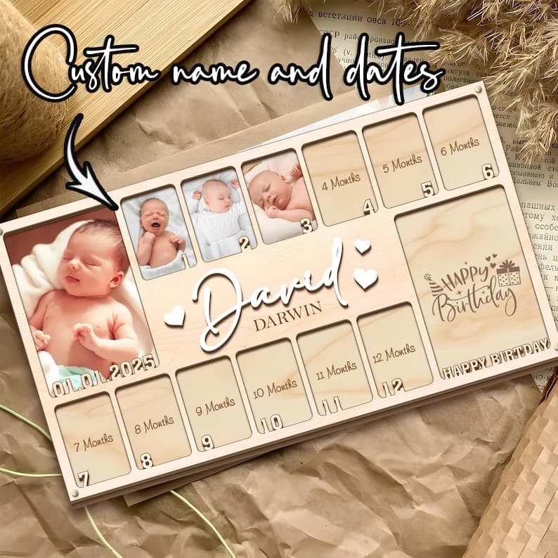 Custom Baby First Year Wooden Photo Frame Personalized Name Date Monthly Milestone Picture Plaque Newborn Nursery Memory Keepsak