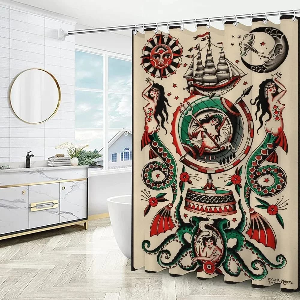 Nuova tenda da doccia per tatuaggi scolastici per set da bagno Set completo Tende divisorie pieghevoli Accessori Bagno Camere da letto Case Camere