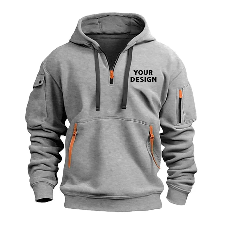 Nuova Felpa Sportiva Europea da Uomo con Zip e Tasca sul Braccio, Casual e Comoda, Personalizzabile con il Tuo Logo, Giacca con Cappuccio e Spalle Cadenti