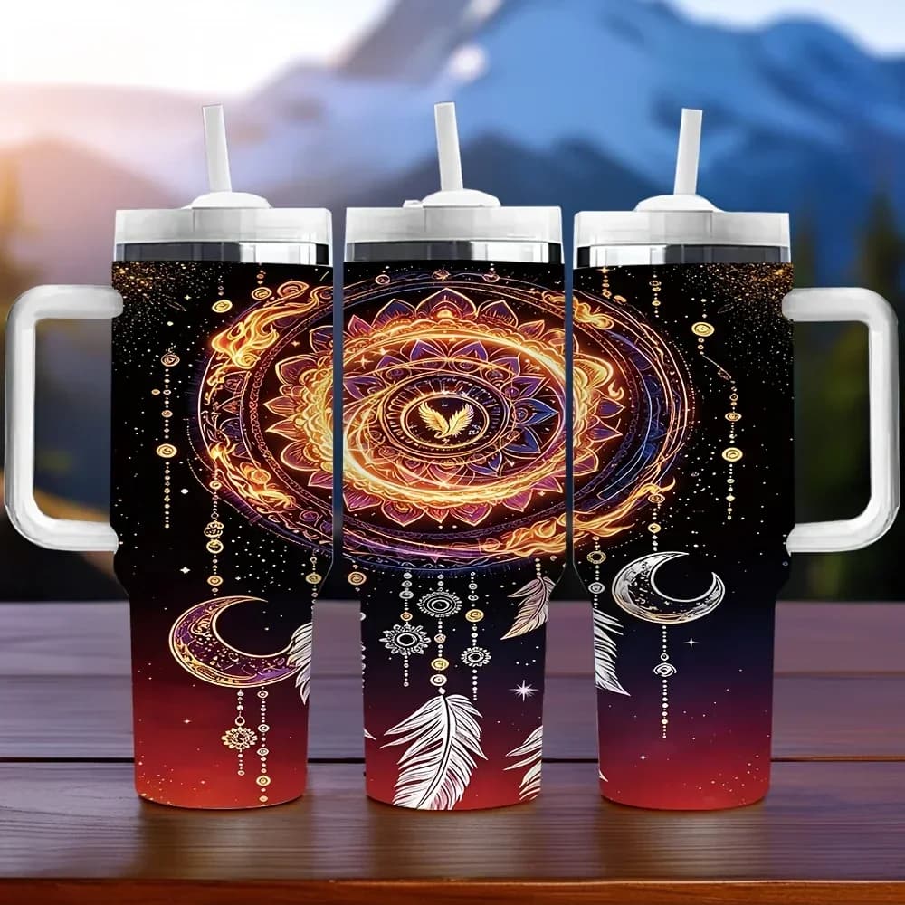 40oz Insulated Tumbler with Handle, Printed with Golden Dreamcatcher Mandala Moon, Ideal Holiday Birthday Gift for Women Men, Long Lasting Insulation Suitable for Daily Use And Outdoor Travel