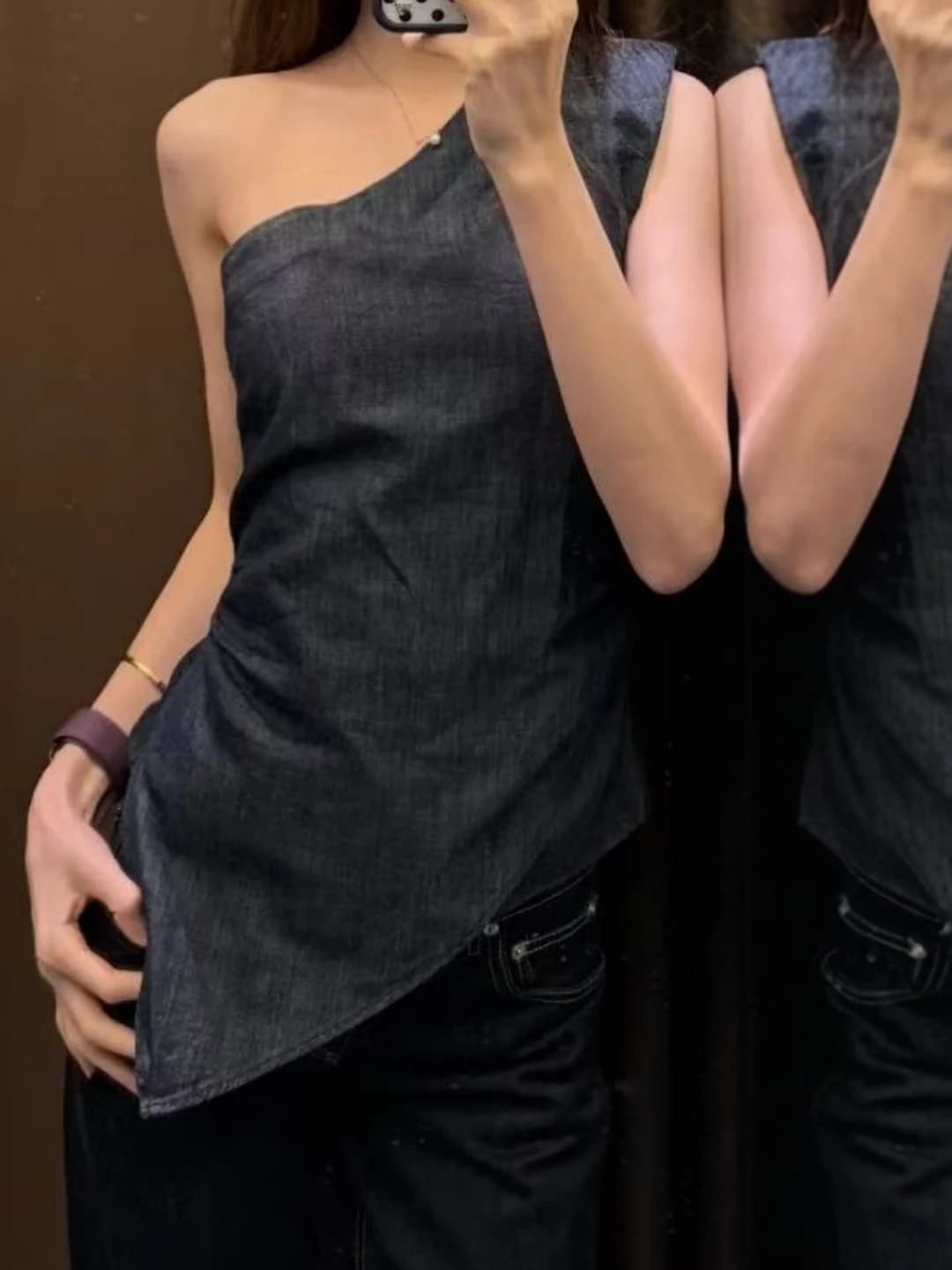 Women's Cotton Denim Asymmetrical Top Shoulder Pad Waist Cinch Slant Shoulder Style Summer Fashion Outerwear Vest Blouse