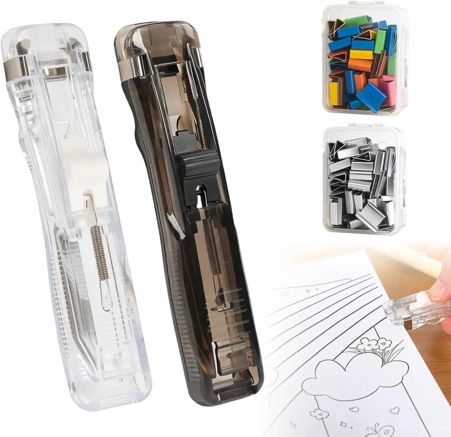 Portable Binder Clip Stapler Set - 2 Handheld Push Staplers (Black+Clear) & 100 Reusable Clips, No-Hole Paper Binding for Office, School, Home Supplies