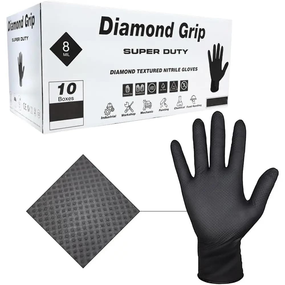 Guanti in Nitrile Spessi 8 mil con Texture a Diamante, Grado Industriale, Senza Lattice, Senza Polvere