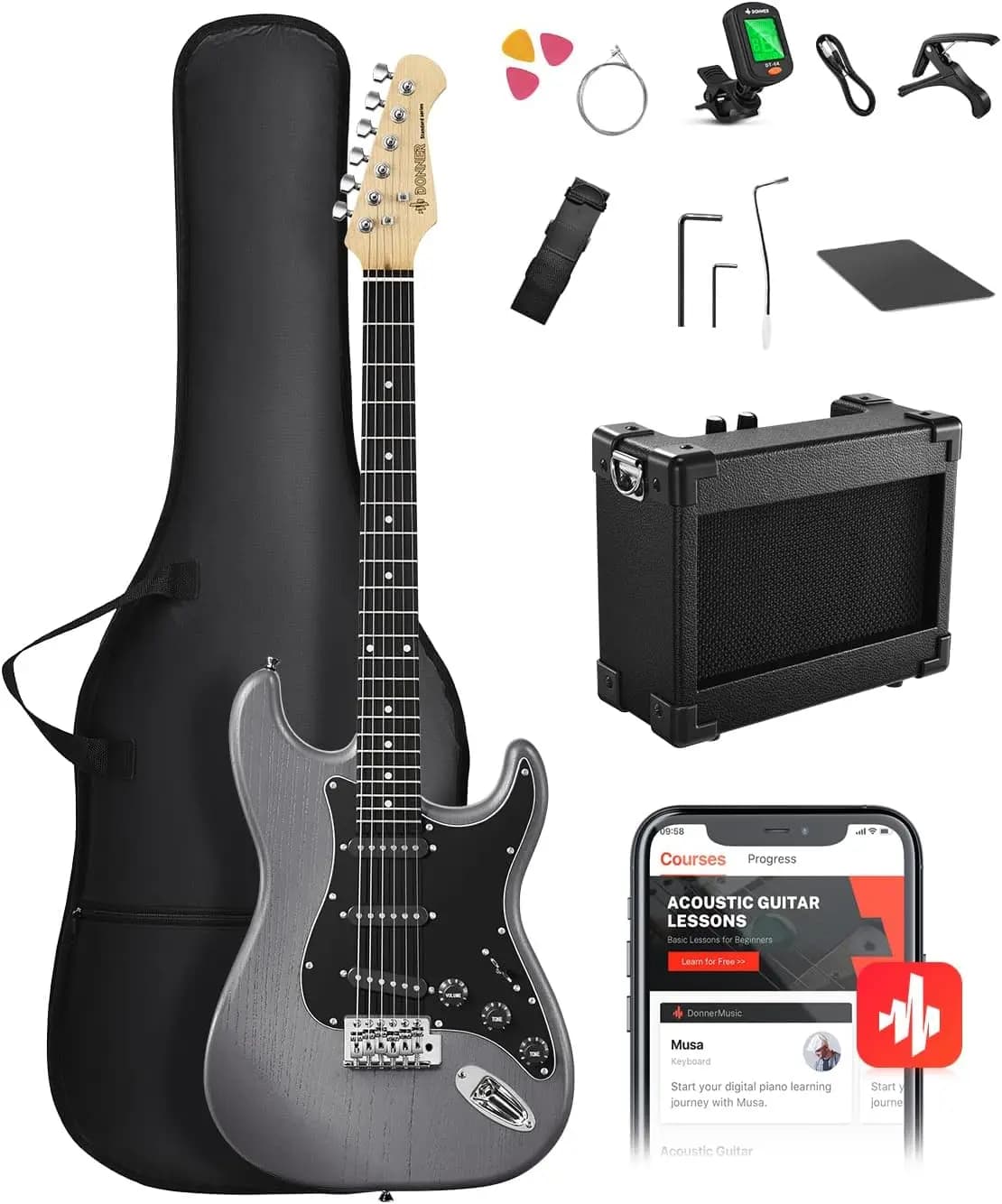 Kit Chitarra Elettrica per Principianti da 39 Pollici con Amplificatore, Borsa da Trasporto, Accordatore, Capotasto, Tracolla, Plettri e Lezioni Online Gratuite