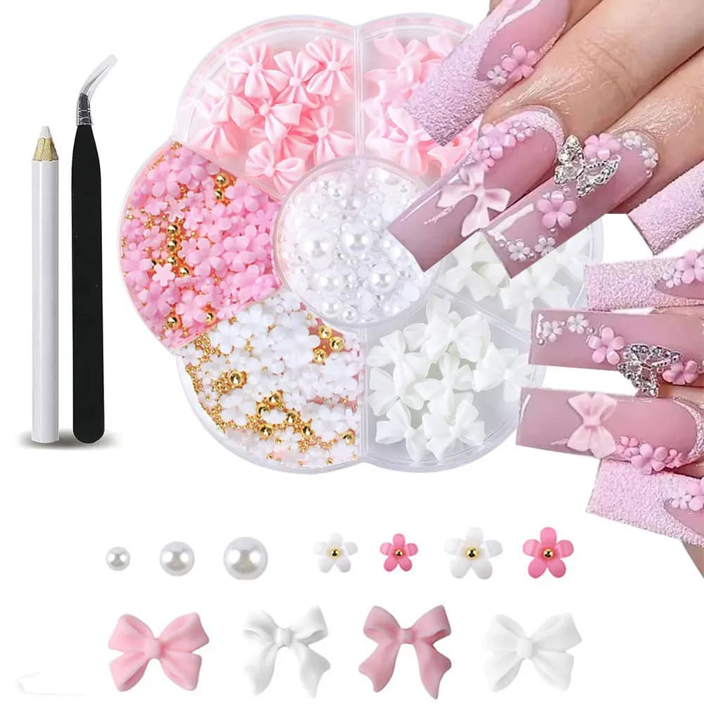 1 Box Kit Nail Decorations 3D Flower Pink/White Acrylic Floral/Pearl with Pen Cera/Pinzetta 4/6mm Nail Accessories