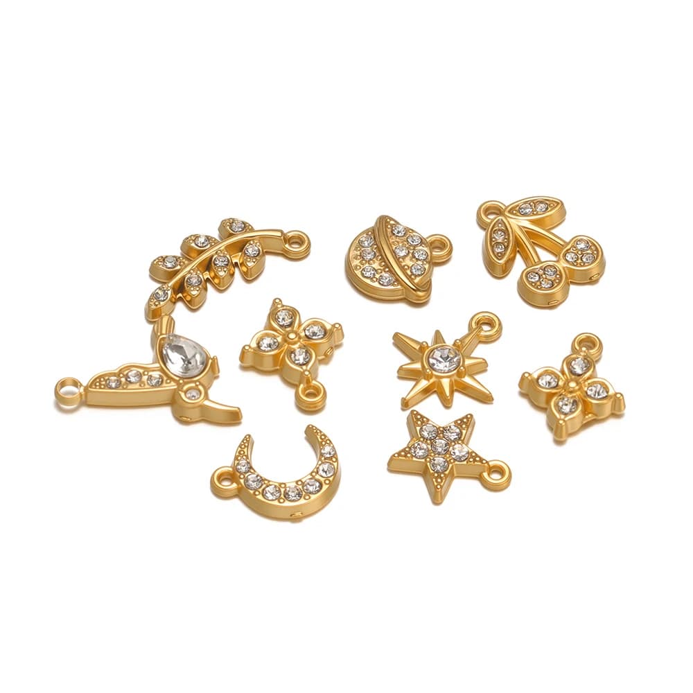 5 pezzi in acciaio inossidabile lucido uccello stella ciliegia pendenti con strass per gioielli da donna fai da te collana braccialetto creazione di decorazioni