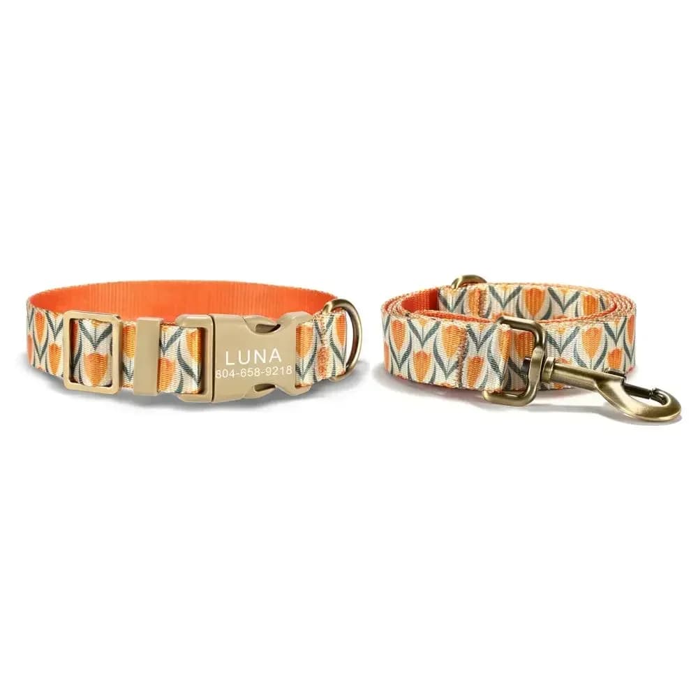 Collare per cani personalizzato con incisione gratuita, guinzaglio per animali abbinato, fibbia per contatti personalizzati, collare per animali domestici con tulipani