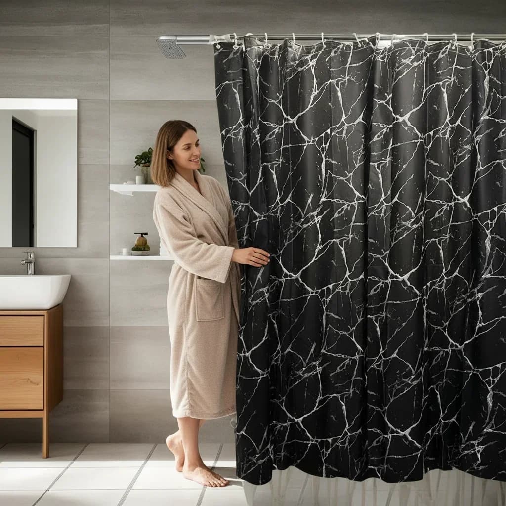 Elegante Tenda Doccia in Marmo Nero, Impermeabile in Plastica Anti-Muffa per Vasca da Bagno, Divisorio Bagno, Tenda per Camper