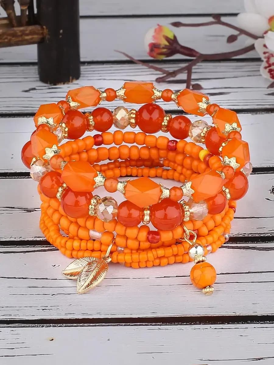 4pcs leaf-shaped charm beaded bracelet for women
