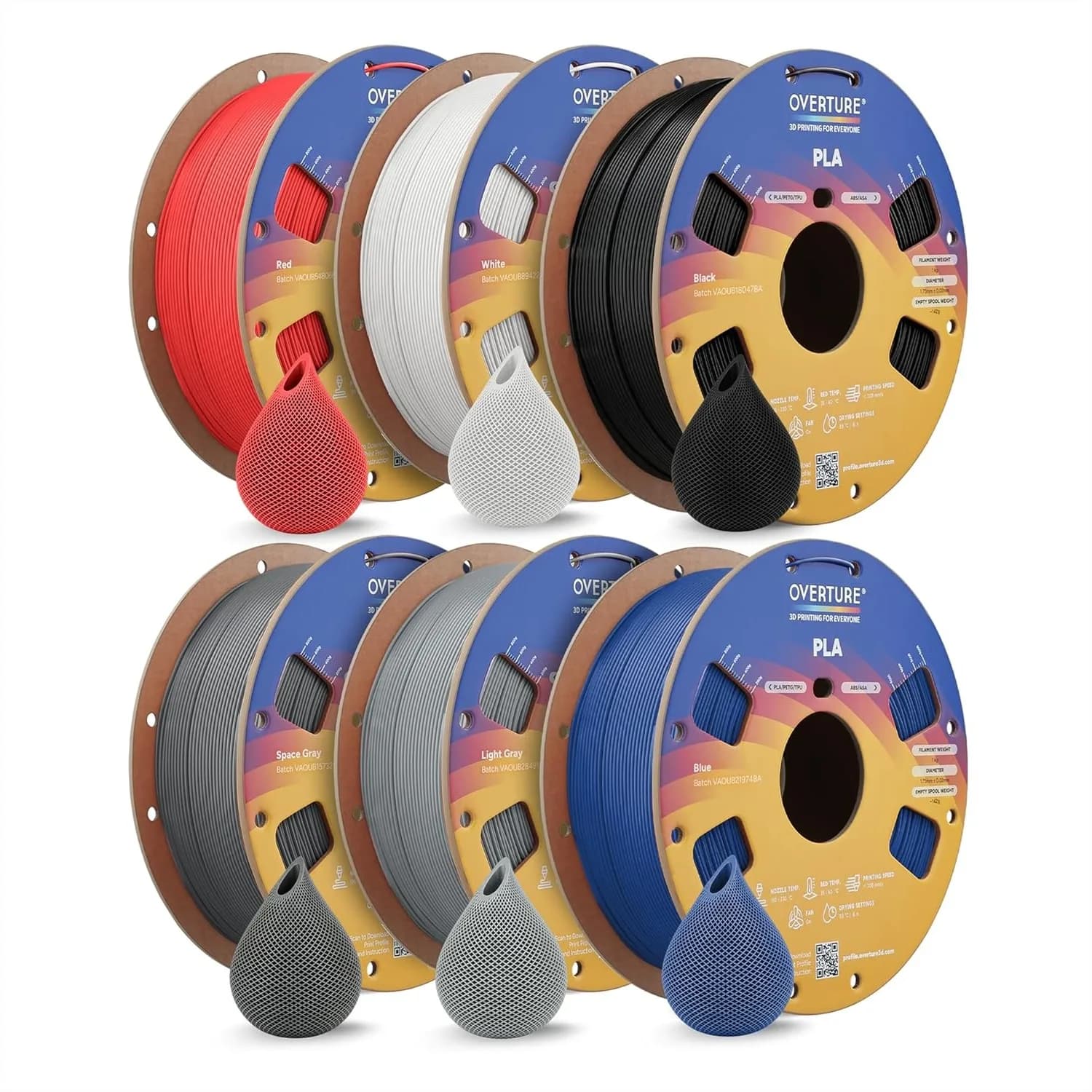 6KG Bundle PLA Filament 1.75mm, 6 Pack 1kg(2.2lbs) Cardboard Spool, Dimensional Accuracy +/- 0.02mm for FDM 3D Printer (6