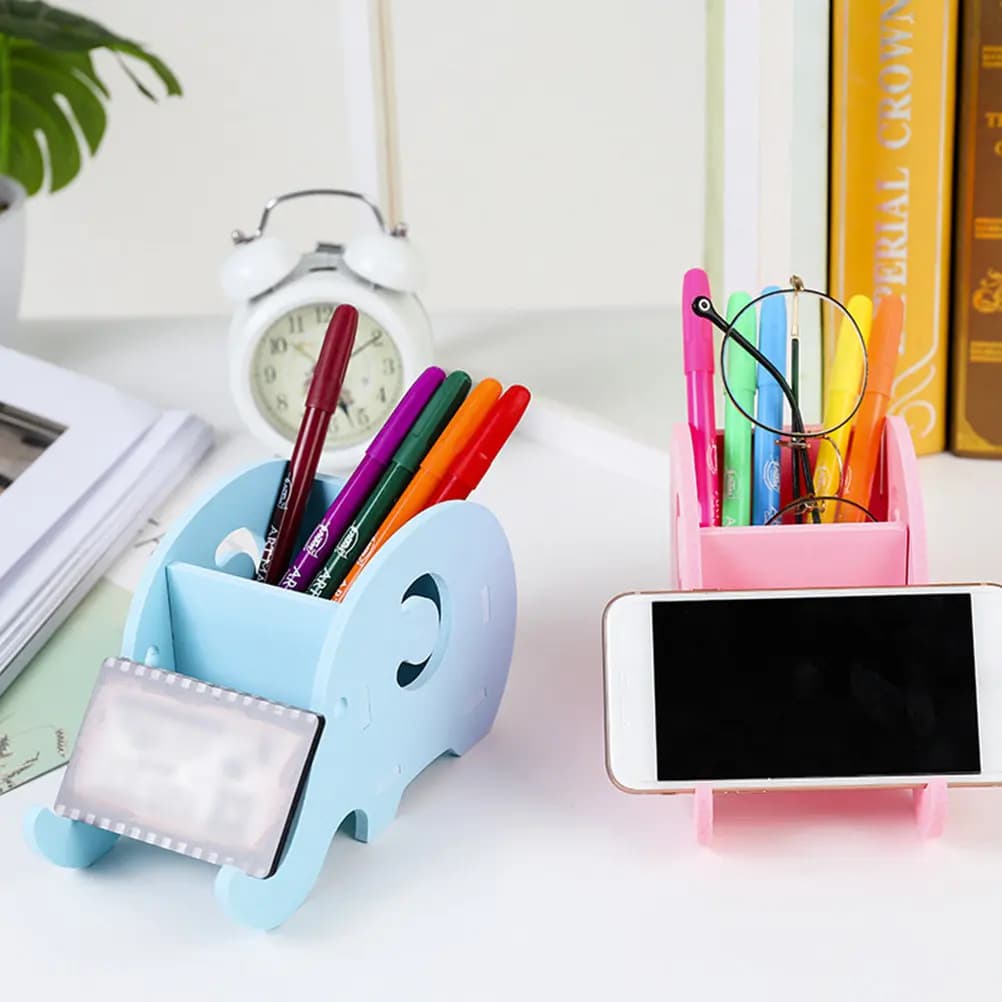 Set di 3 Portapenne a Forma di Elefante in Legno e Plastica, Organizzatore da Scrivania Multifunzione, Porta Telefono, Scatola Portaoggetti per Penne, Matite, Forbici, Graffette