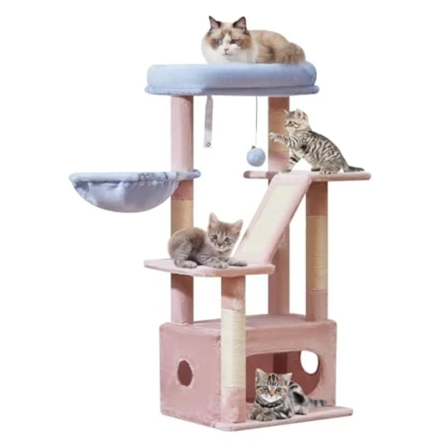 Albero per Gatti da Interno da 38,5 Pollici con Design Lussuoso Rosa e Blu, Cesti Regolabili e Posatoio in Peluche per Gattini