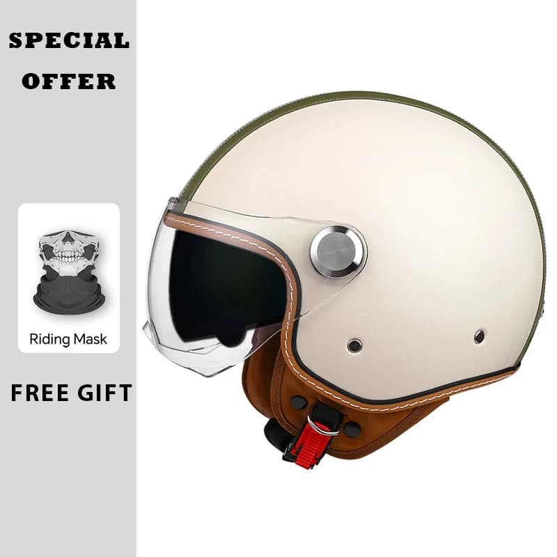 Stylish White Leather Motorcycle Helmets Inner Visor Open Face Moto Helmet with Daul Lens DOT Certified Jet Helmet Four Seasons