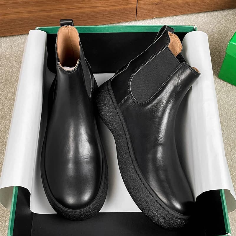 British Style Men Chelsea Boots Genuine Leather Thick Sole Slip-on Outdoor Hiking Work Shoes Premium Casual Ankle Boots