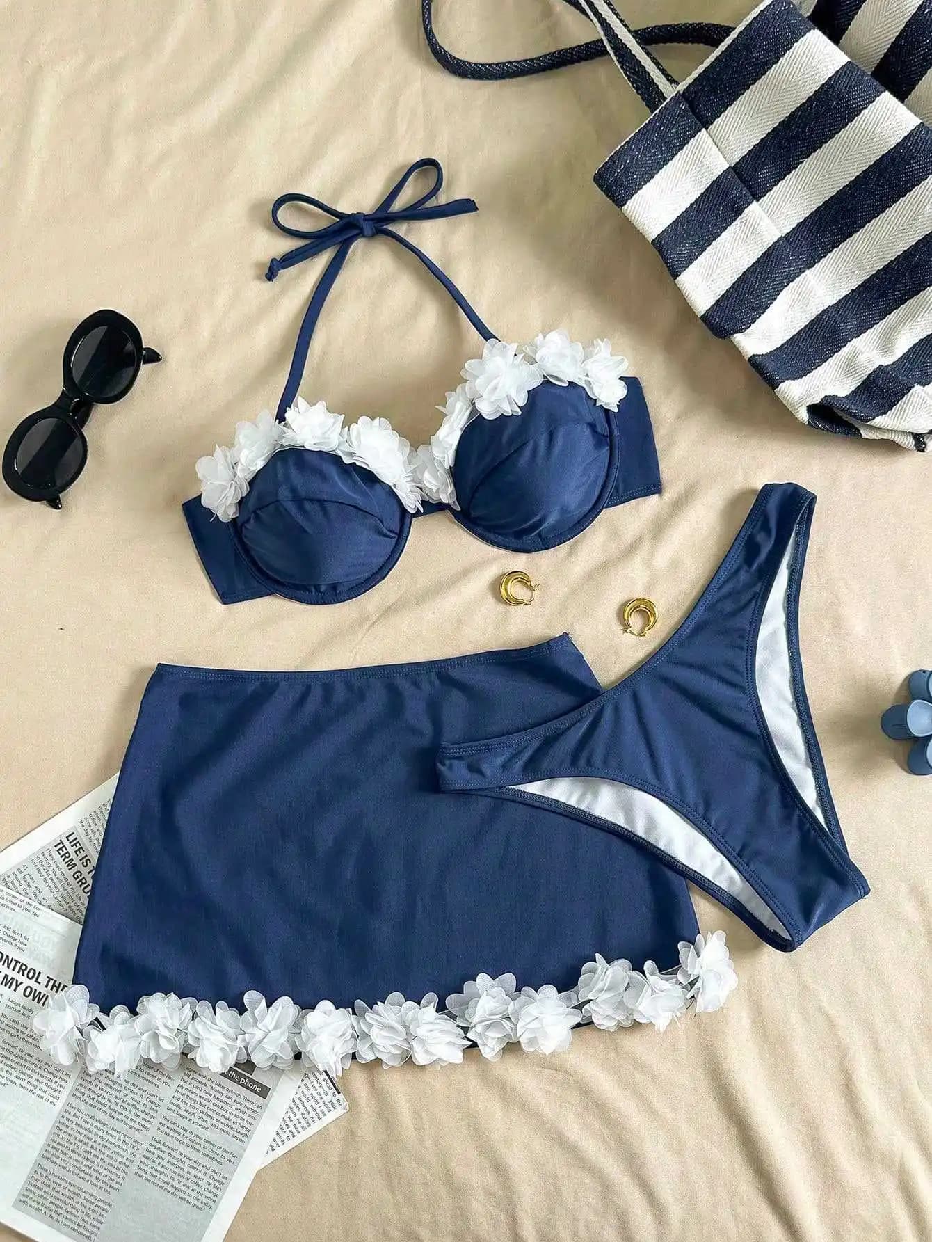 Set bikini sexy push-up blu scuro con fiori bianchi, 3 pezzi con minigonna, costumi da bagno, abiti da spiaggia, biquini, tankini