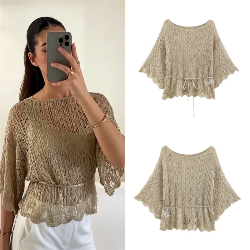 Guobioziy Women's Knit Sweater 2026 Fall New Arrival with Belt, Drop Shoulder Sleeves, Metallic Thread Trendy Casual Top