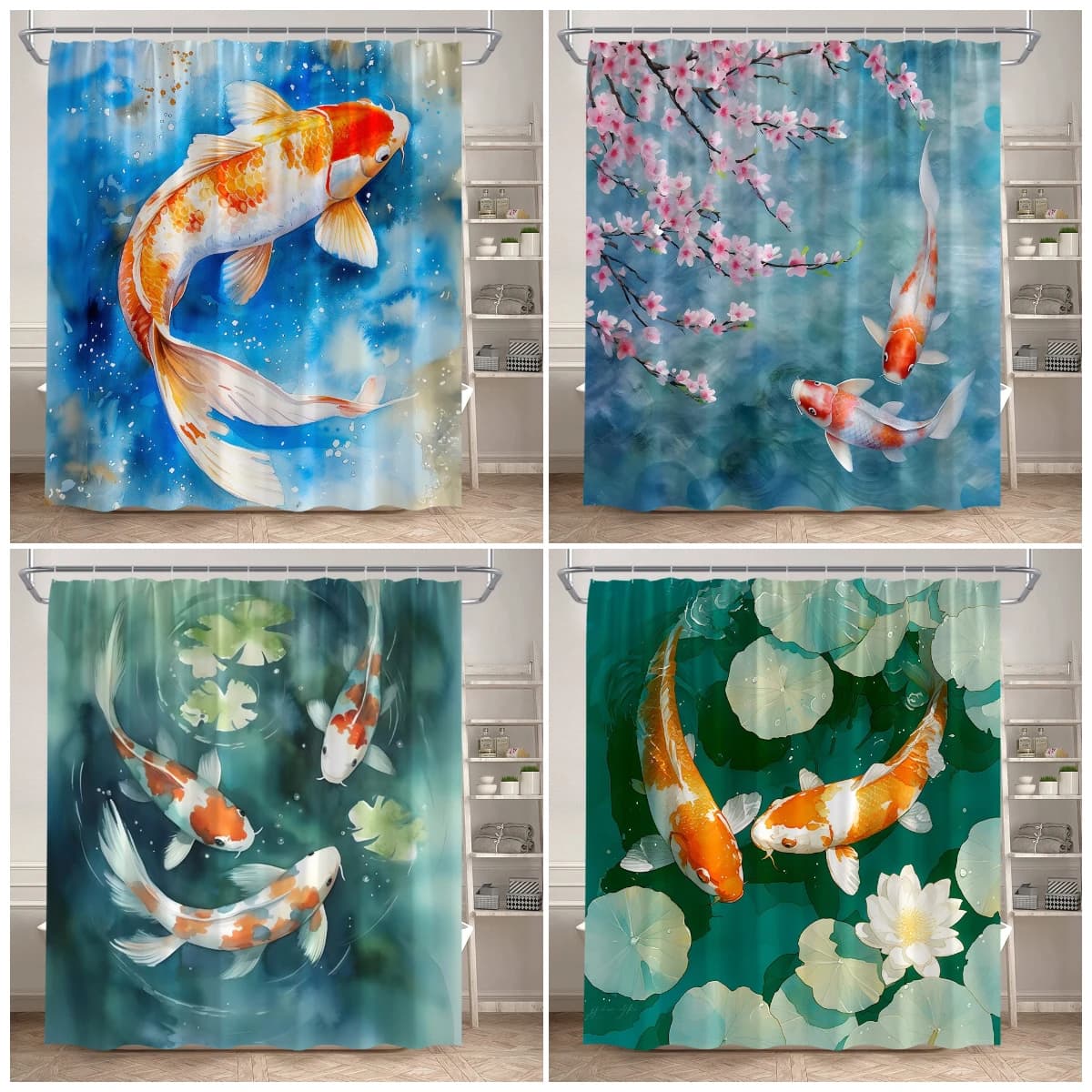 Tende da doccia con pesci koi in fiore di ciliegio rosa Acquerello floreale Foglie di loto Carpa Set di tende da bagno in stile giapponese Decorazioni per la casa