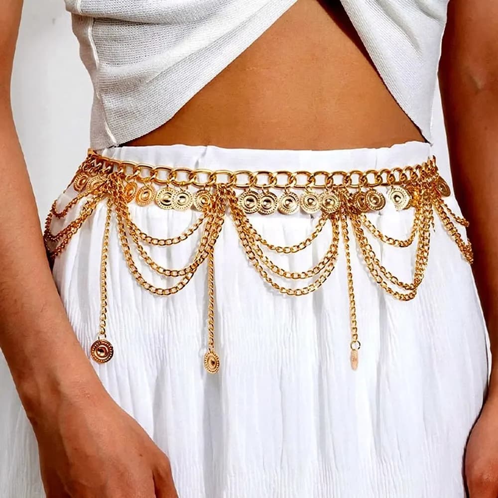 Nuova Catena da Vita per Danza del Ventre da Donna, Elegante con Monete Dorate e Nappe, Collana da Vita, Catena per Gonna, Cintura Gioiello
