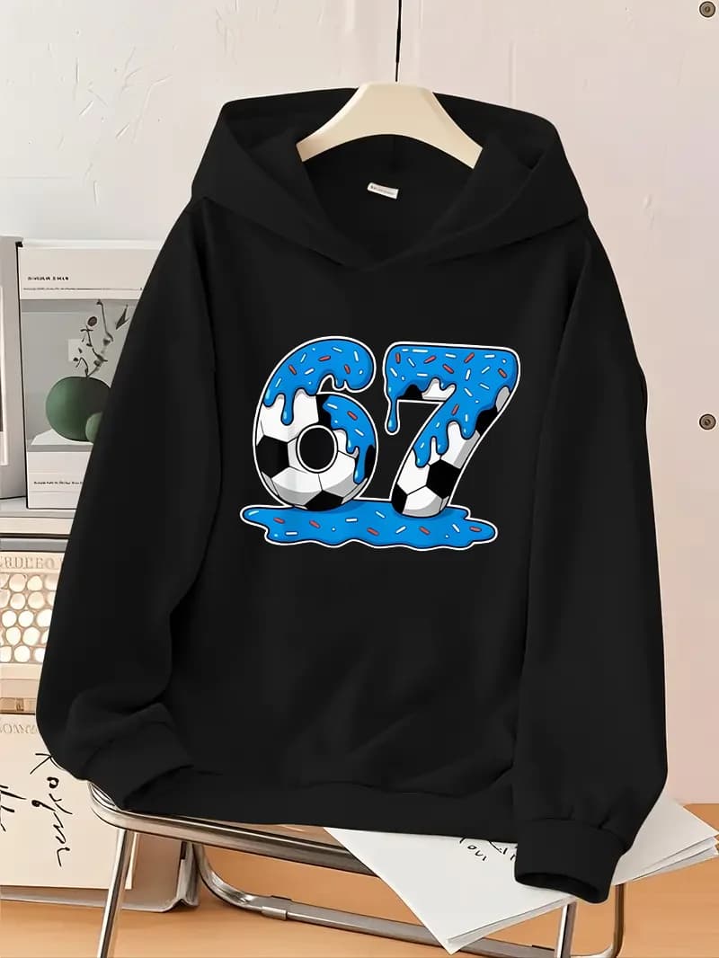 Trend Dazzle Color Boys Soccer Style Number 67 Print Black Hooded Hoodie Personality Graffiti Loose Casual Hooded Top