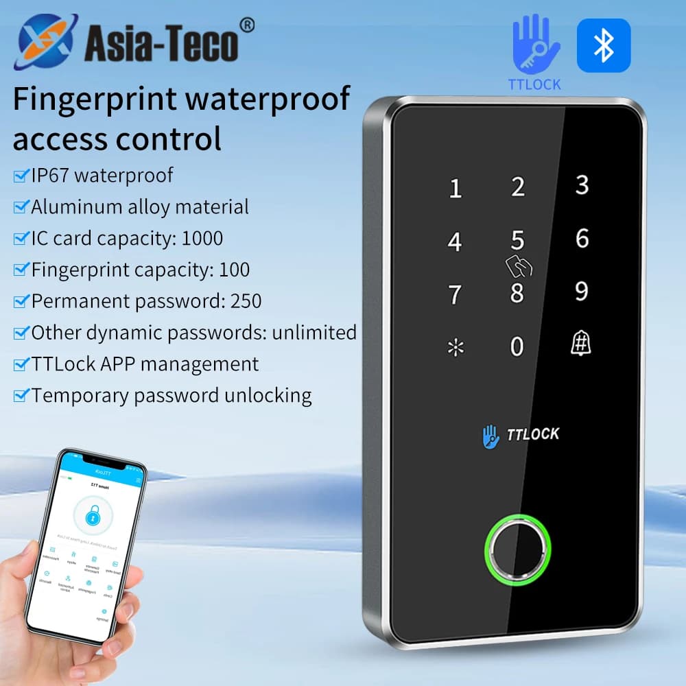 Asia-Teco Outdoor Nfc Rfid keyboard Ttlock App Fingerprint Bluetooth Gateway 13.56Mhz Card Access Control System MJ02 lega di metallo