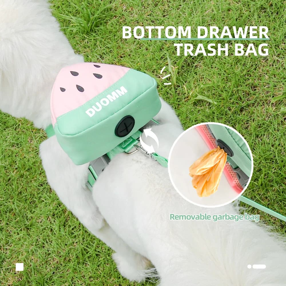 Set di cinture pettorali per animali domestici con zaino alla frutta carino, corda per trazione con cinghia pettorale morbida e traspirante antiscivolo, fascia pettorale per zaino per cani e gatti