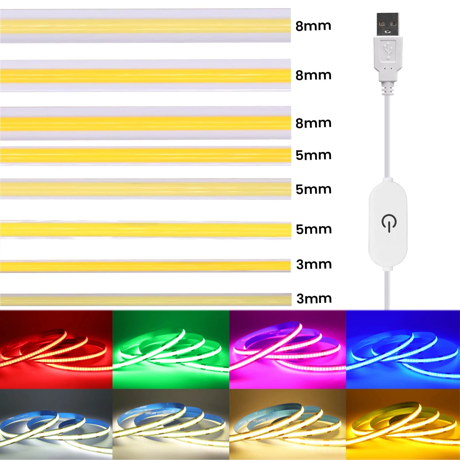 3mm 5mm 8mm COB LED Strip with Touch Switch 5V USB Flexible Tape 320LEDs/m High Density Linear Lighting TV Backlight 9 Colors