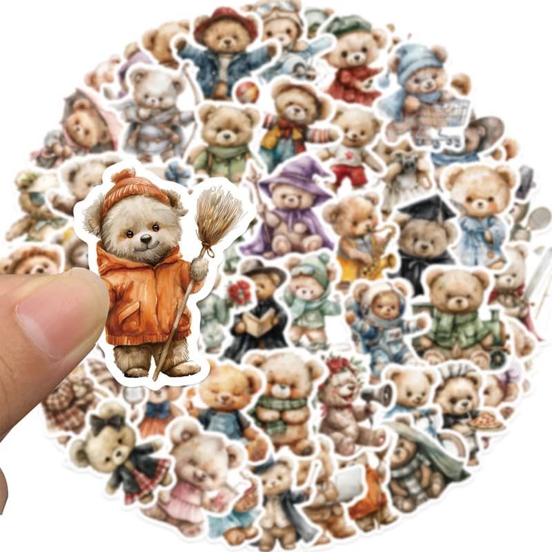 55 PCS Cute DIY Decoration Mini Size Bear Theme Adhesive Paper Stickers Funny Animal Waterproof Vinyl Bear Stickers for Laptop