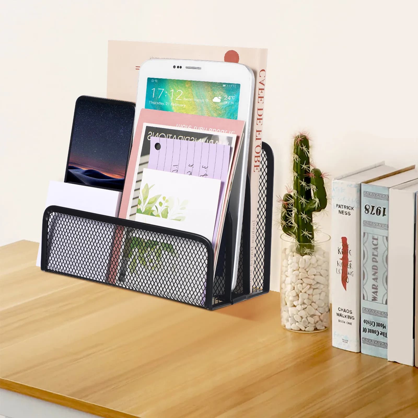 Three-Section Desktop File Organizer Metal Mesh Construction Filleted Corners Smooth Surface Desk File Holder for Letters