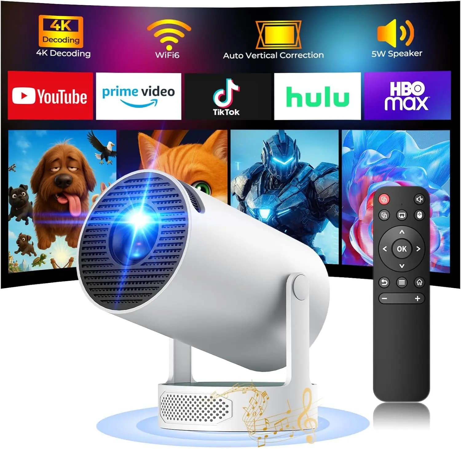 Mini Proiettore 4K WiFi Bluetooth con Altoparlante da 5W, Portatile per Camera da Letto, Correzione Automatica del Trapezio