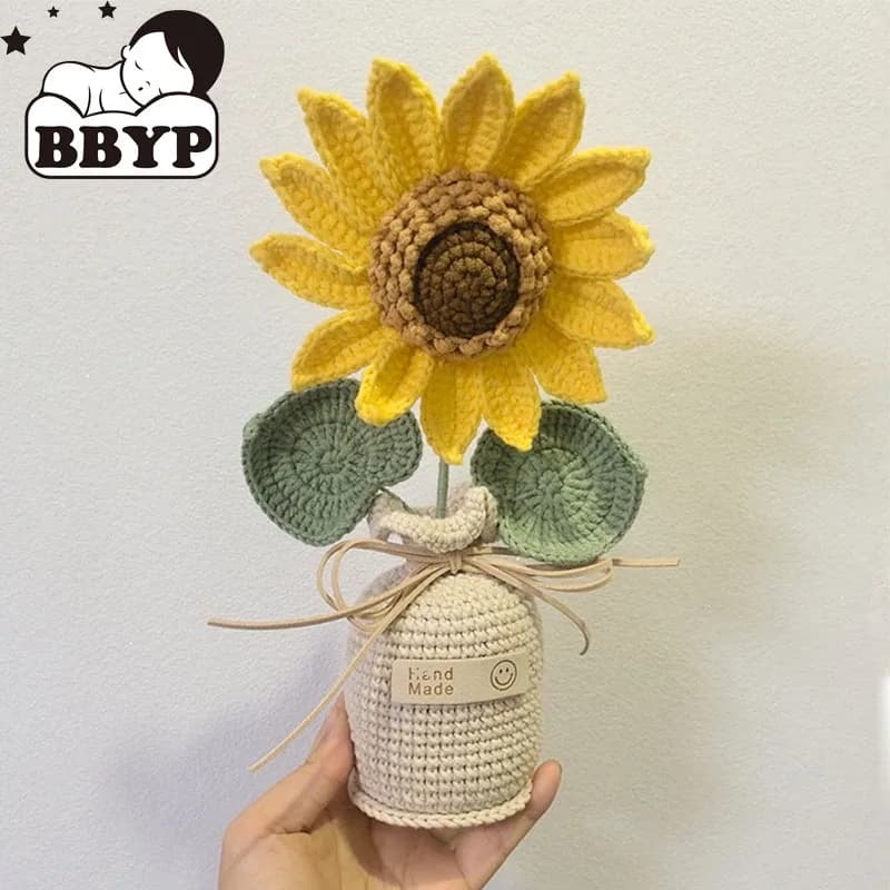 Vaso per piante da fiore all'uncinetto Creativo girasole lavorato a maglia fatto a mano in filato di lana Prodotto finito Puntelli per fotografia Home Deco
