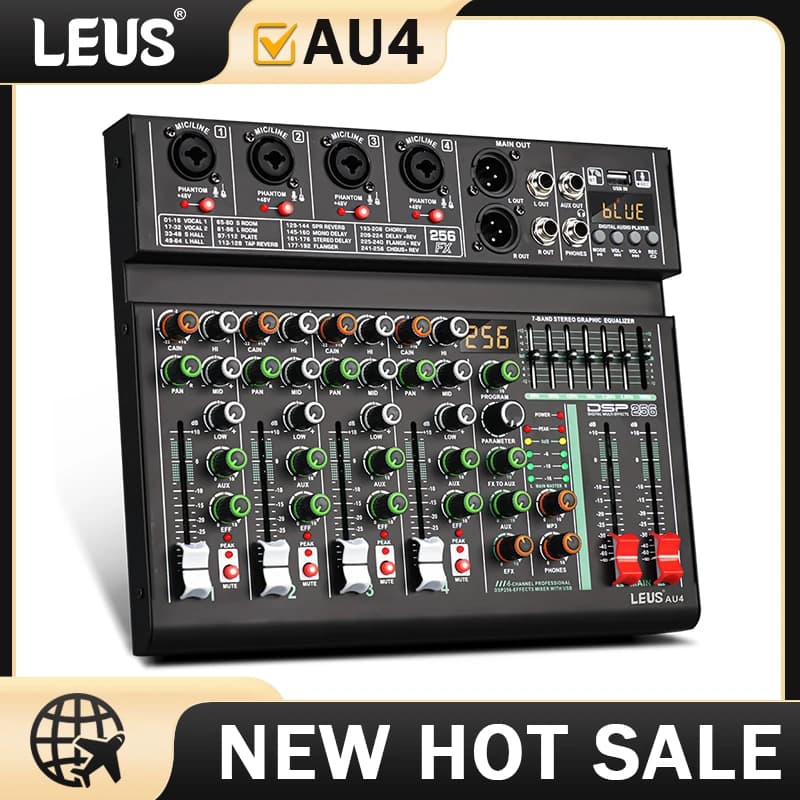 LEUS AU4 Canale 256 DSP Effetto Mixer Audio Record PC 48V Phantom Power USB Mixer Audio Bluetooth DJ Console Mixing per Karaok