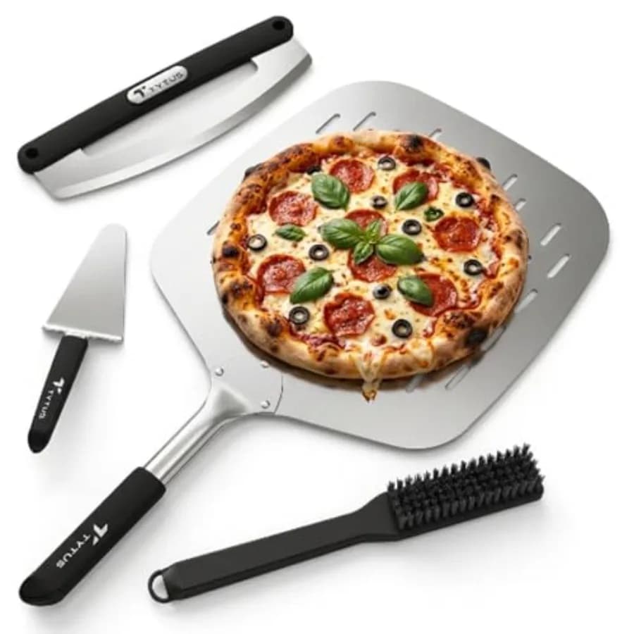 Pizza Oven Tool Set 4 Pieces - 12" x 12" Peel Sharp Rocker Server and Nylon Stone Brush for Gas Fired Emberwood Pizza Oven