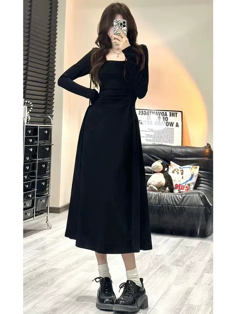 Hebe Style Gentle Black A-Line Dress Women's Spring New Waist-Cinching Slimming Long Dress Square Collar Maxi Dress