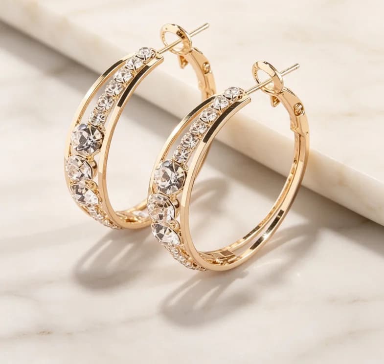 14K Gold Plated Medium Hoop Earrings, Double Row Mixed-size Cubic Zirconia Inlay Open Design Sparkling Ear Jewelry for Women Wedding Banquet Daily Wear