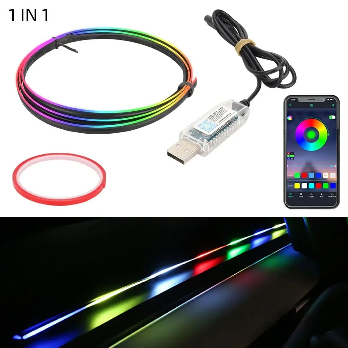 Luce ambientale a LED per auto 64 colori RGB USB App Controllo Lampada per atmosfera interna Striscia acrilica 110 cm Decorazioni per auto