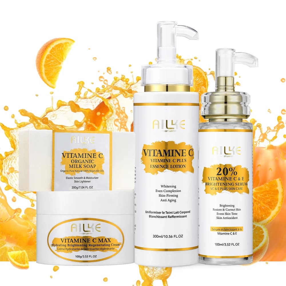 AILKE Kit for the care of skin to vitamin C, with lotion for the brightening body, cream for the uniform skin tone, whitening serum, brightening soap