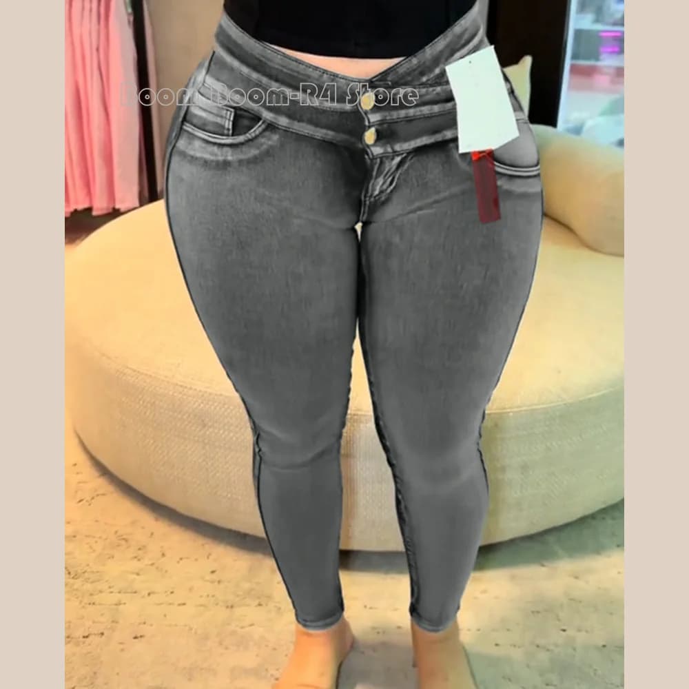 Jeans skinny grigi a vita alta da donna Chiusura a doppio bottone Pantaloni slim fit elasticizzati in denim curvy modellanti per il corpo Leggings dimagranti