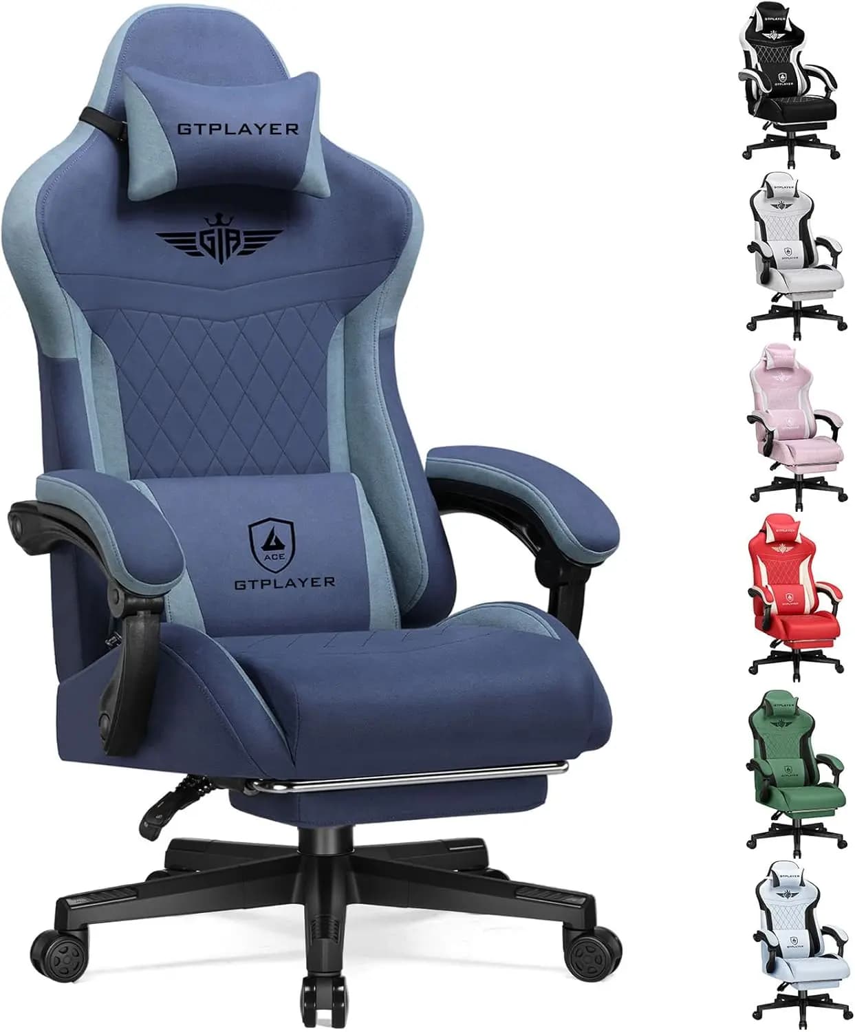 Sedia da gaming con poggiapiedi, sedia da ufficio ergonomica grande e alta con supporto lombare, tessuto blu