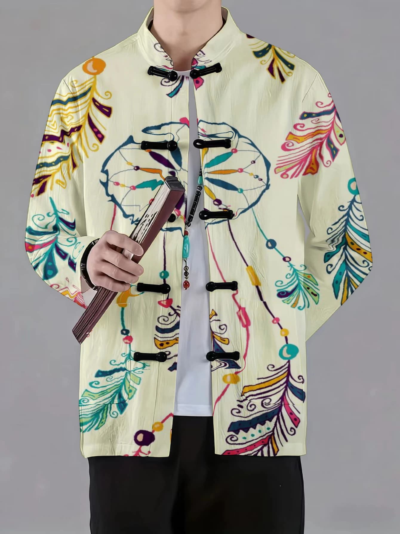 Men Mandarin Collar Frog Button Jacket Abstract Foliage Dreamcatcher Feather Art Print Traditional Outerwear